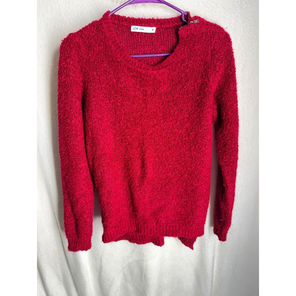 LCW TEEN Red Boucle Knit Sweater Shoulder Zip Pullover Medium